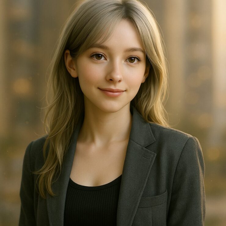 自然光に包まれた銀金髪の女性が微笑むポートレート｜Portrait of a silver-gold haired woman in a black rib tank and blazer, neutral smile under soft natural light