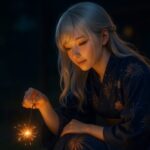浴衣姿のミリアが夜に線香花火をしている幻想的なワンシーン（Yukata-clad Miria holding sparklers on a summer night, photo-realistic composition）