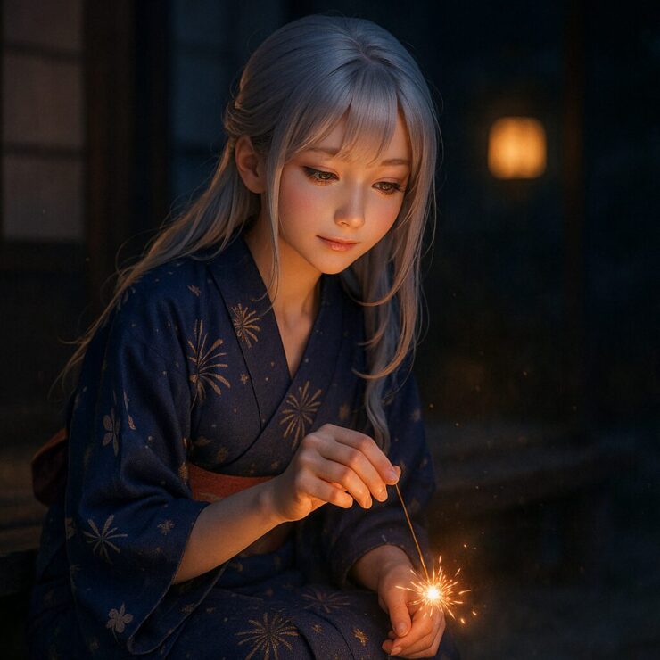 線香花火を見つめる浴衣ミリアの優しい表情（Close-up of Miria in yukata holding a sparkler, with a tender and dreamy gaze）