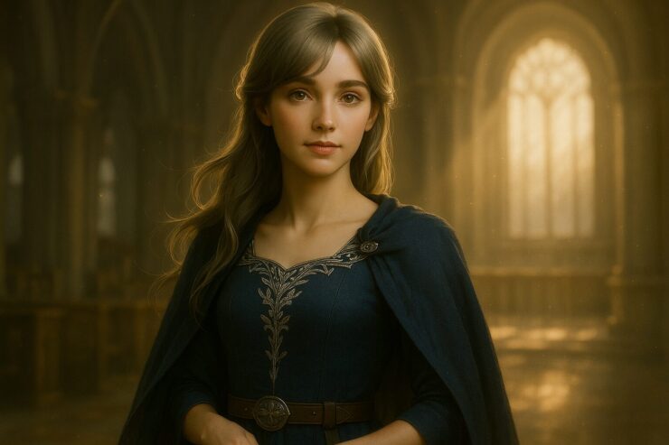 守護者のように立つミリアが光差す講堂に佇むポートレート｜Guardian-like Miria standing in a grand hall with light streaming through the windows