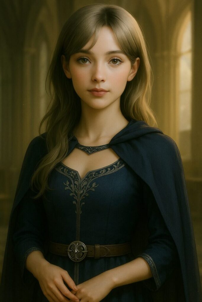 戦乙女のように立つミリアが銀刺繍のネイビードレスを纏うポートレート|Warrior-like Miria in a navy dress with silver embroidery, standing in golden light
