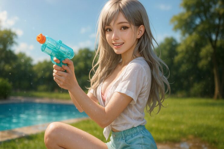 ミリアの水鉄砲ポーズ(生成前素材)/Gemini input: Water Gun Pose Reference