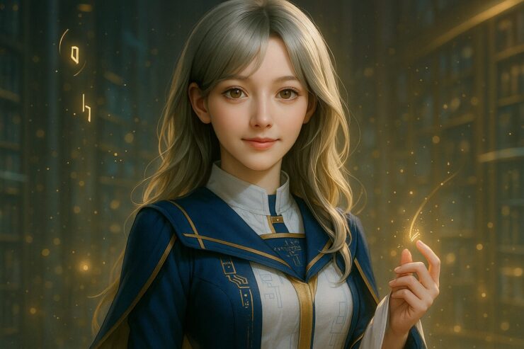 未来感のある図書空間で微笑むミリア（Genspark特集）｜Miria smiling in a futuristic ambient library space (Genspark highlight)