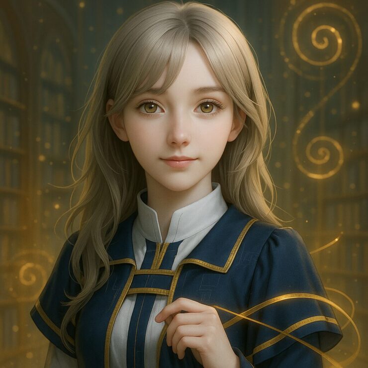 ミリアが微笑みながら指先で未来を指し示す構図|Miria pointing toward the future with a poetic smile (square insert)