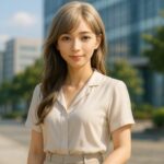 夏のオフィス街で微笑むミリアの横長ポートレート／構文的黄金比構図（Miria in summer officewear, smiling softly in golden-ratio horizontal composition）