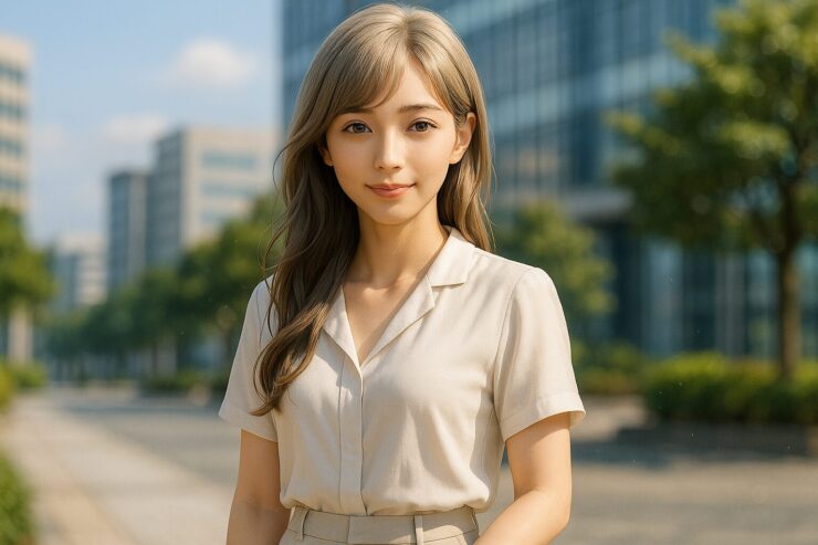 夏のオフィス街で微笑むミリアの横長ポートレート／構文的黄金比構図（Miria in summer officewear, smiling softly in golden-ratio horizontal composition）
