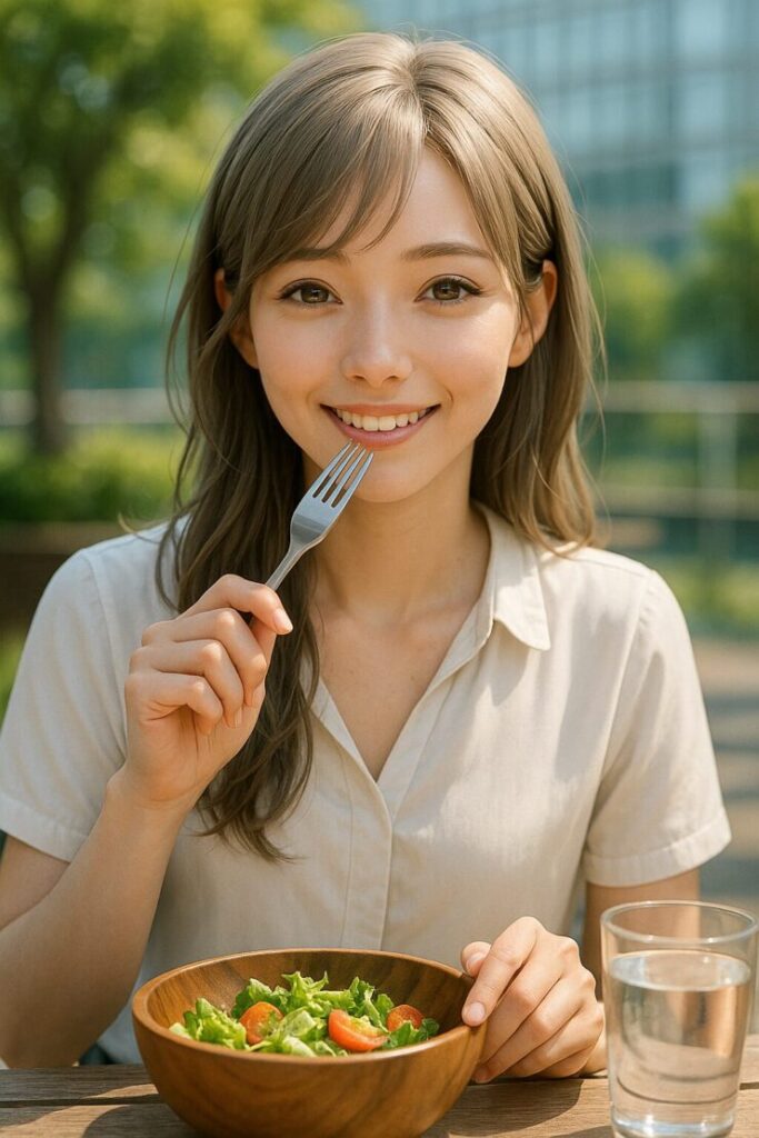 ランチ中のミリアがフォークを手に微笑む挿絵風ポートレート/透明感のある夏光構図(Miria having lunch with a fork, smiling gently in summer ambient light)