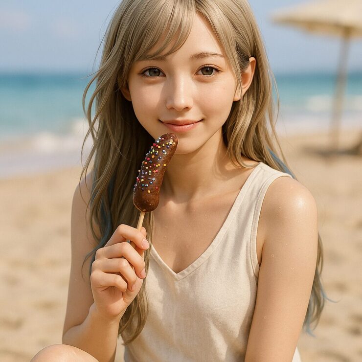 チョコバナナを食べるミリアの笑顔と夏の光|Miria smiling while enjoying a chocolate banana in a summer beach setting