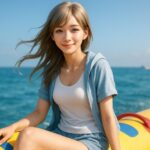 バナナボートに座って夏の風を受けるミリア｜Miria on a banana boat under the summer sky, smiling in the breeze