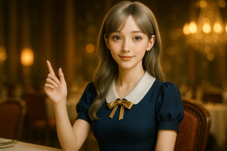 高級レストランでドレス姿のミリアがウェイターを呼ぶ横長ポートレート / Horizontal portrait of Miria in an elegant dress at a restaurant, raising her hand to call a waiter