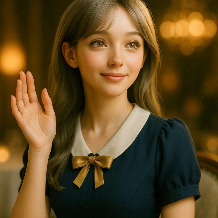 レストランでドレス姿のミリアが片手を上げてウェイターを呼ぶ瞬間の肖像 / Portrait of Miria in an elegant dress at a restaurant, raising her hand to call a waiter