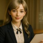 秘書ミリアが書類を持ちながら視線を向ける横長ポートレート – Secretary Miria holding documents with confident gaze (horizontal portrait)