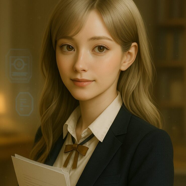 書類を抱えた秘書ミリアの正方形構図ポートレート – Square portrait of Secretary Miria gently holding documents