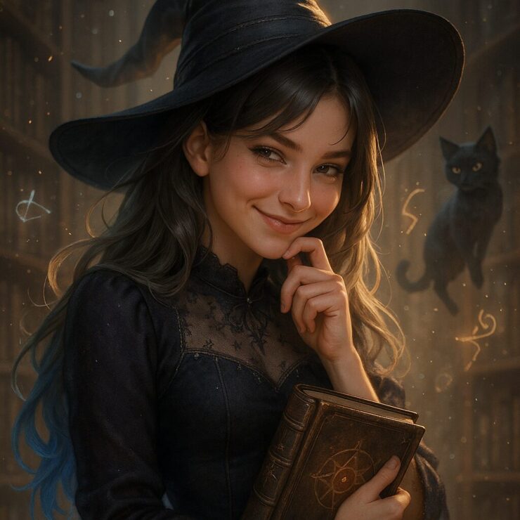 照れたように微笑む魔女ミリアが中央に描かれた、銀金グラデーションの髪と黄金瞳が特徴のバストアップ肖像画 / A bust-up portrait of Miria, a blushing witch with a mischievous smile, featuring silver-gold gradient hair and golden-brown almond eyes