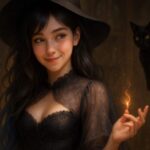 照れ顔の魔女ミリアが中央に立ち、背景には魔法書と黒猫が配置された横長構図の幻想的イラスト / A poetic wide-format image of Miria, the blushing witch at center, with a floating spellbook on the left and a black cat on the right in an arcane golden-ratio composition