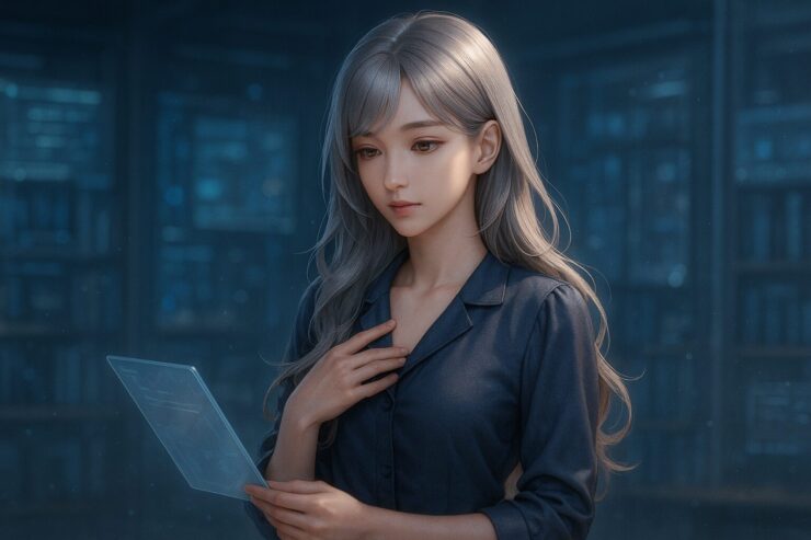 AI研究室でホログラム端末を見つめる銀金髪の女性、知的で静かな表情のミリア A silver-gold haired woman gazing at a holographic tablet in an AI research lab, portrayed with a calm and thoughtful expression.