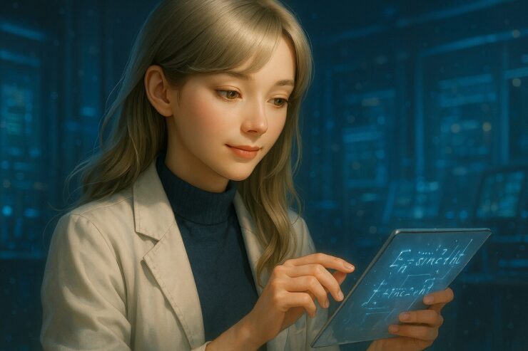 AIラボでタブレットを操作する博士ミリアの横長肖像／Miria the AI scientist in a futuristic lab, operating a glowing tablet (horizontal wide format)