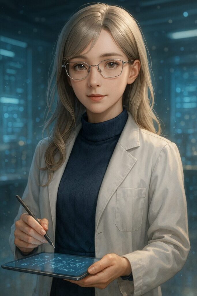 AIラボでタブレットを操作する博士ミリアの縦長肖像/Miria the AI scientist in a futuristic lab, operating a glowing tablet