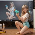 ミリアの水鉄砲フィギュアと3Dモデル画面／Miria water gun figure with modeling monitor behind