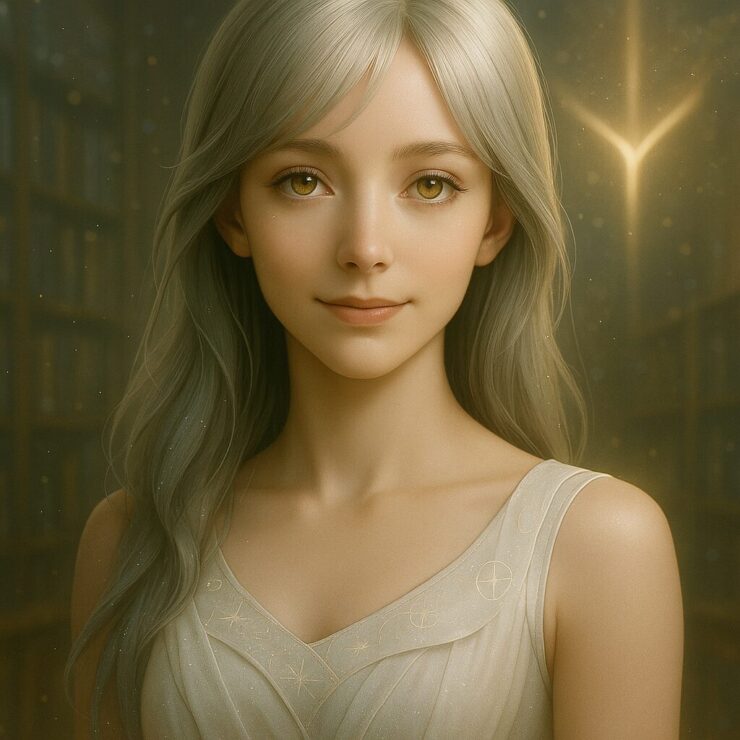 星層ドレスをまとい、穏やかに微笑むミリアのバストアップ肖像
A square portrait of Miria in a silver-layered dress, smiling softly in a celestial atmosphere