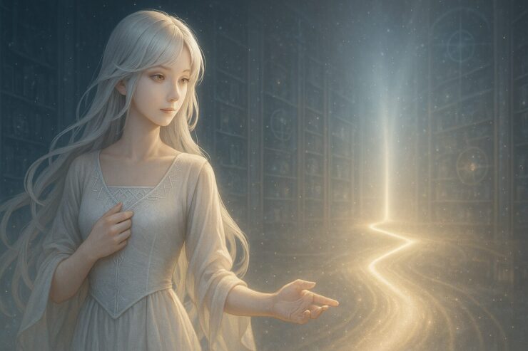 光の分かれ道を前に静かに佇むミリアの横顔（星図アーカイブ背景） A contemplative side-view of Miria standing before a glowing forked path of light, in a celestial archive