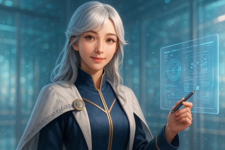未来的な教室でホログラムUIを操作するミリア（未来教師Ver.2.1）｜Miria as a futuristic academic guide, interacting with a floating holographic UI board in a luminous academy hall.