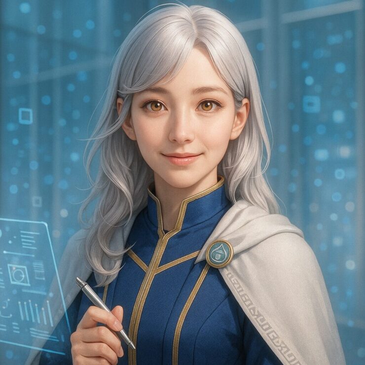 構文UIを見つめる未来教師ミリア(正方形構図)|Miria as a poised futuristic teacher in silver and navy academic uniform, holding a stylus and smiling beside a floating interface.
