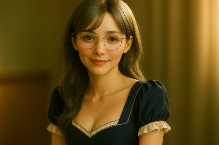 知的で優しい表情のミリアが、銀縁メガネをかけて静かに微笑む横長ポートレート。詩的な雰囲気と構図美を備えたイメージ “Miria with gentle smile and silver-framed glasses, gazing quietly in poetic golden-hour lighting, cinematic wide portrait”