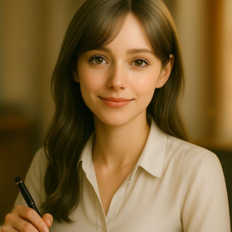 柔らかな眼差しで微笑むオフィス女性・ミリアの正面肖像(正方形) / Square portrait of Miria with a gentle smile and centered golden gaze
