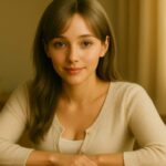 家庭教師スタイルのミリアがカーディガン姿でやさしく微笑む横長ポートレート｜A warm landscape portrait of Miria, a graceful tutor in a soft cardigan, smiling gently in ambient light.