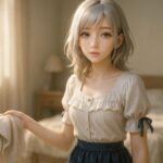 朝の私室で片付けをしている最中、ふとこちらを振り向いた0番ミリア。白いブラウスと銀髪がやわらかい光に包まれた、日常と詩のあわいの瞬間。 A girl with silver-golden hair turns mid-tidying, her soft blouse glowing in quiet daylight as she meets the viewer's eyes.