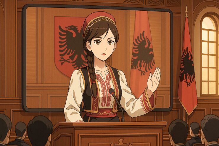 AI閣僚「Diella」が演説する議場のイメージ。伝統衣装をまとった女性アバターがスクリーン越しに登場し、未来の統治構造を象徴する。 An AI minister avatar in traditional Albanian dress appears on screen in a formal chamber, symbolizing the future of governance and transparency.