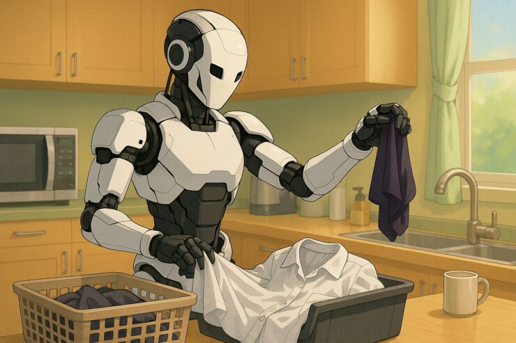 家庭のキッチンで、白と黒の配色をもつ未来型ロボットが洗濯物をたたんでいる。背景は温かみのあるカラーで、ロボットのみがモノクロ調で描かれ、日常と非日常が交差する印象的な構図。 A futuristic white-and-black humanoid robot folds laundry in a warm-toned kitchen, standing out in monochrome against the colored background—a poetic juxtaposition of ordinary life and advanced AI.