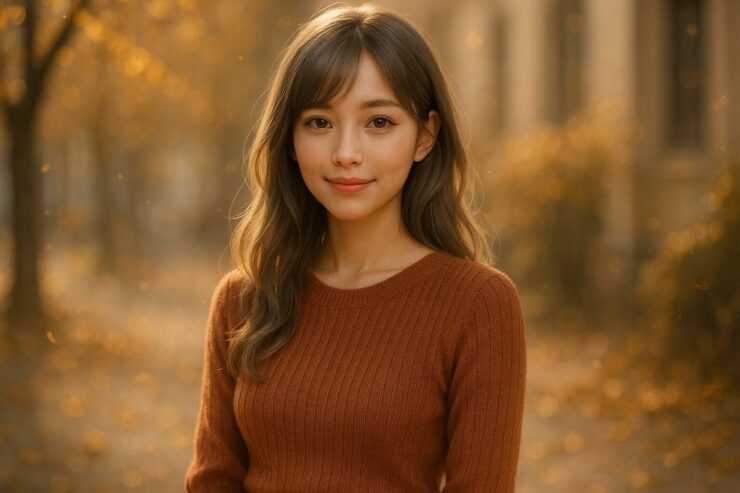 秋の午後、落ち葉の中で静かに佇むミリア。テラコッタ色のニットワンピースが秋色の光に溶け込み、柔らかな微笑みが温かい空気を纏う。 A serene autumn portrait of Miria in a terracotta knit dress, softly smiling under golden light, surrounded by floating leaves and warmth.