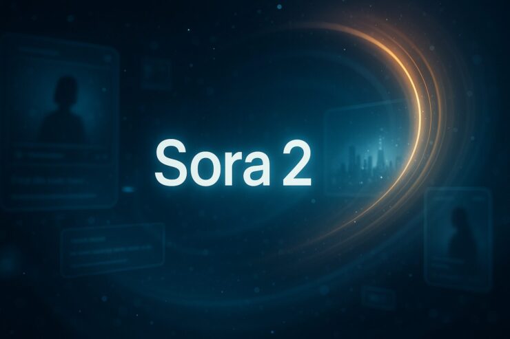 Sora 2のコンセプトを表現した横長のデジタルアート。中央に浮かぶ「Sora 2」の文字を囲むように、青と金の光が渦を描き、半透明の映像フレームや未来都市のシルエットが配置されている。抽象的かつ詩的な表現で、生成AIの映像未来を象徴している。 A wide digital artwork representing the concept of "Sora 2", featuring glowing white text at the center, surrounded by abstract video frames, a futuristic cityscape, and a golden spiral of light in a misty blue atmosphere.