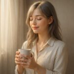 朝日が差し込む窓辺で、白いシャツとベージュパンツを着た女性が目を閉じて深呼吸している。カップを両手で持ち、穏やかな朝の静けさを味わっている構図。 A young woman stands by a window in soft morning light, holding a mug with both hands, eyes closed in quiet reflection.