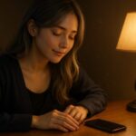 夜のデスクにて、ネイビーカーディガンの女性がスマホを伏せて目を閉じている。あたたかなランプの灯りが頬を照らし、集中力を取り戻す静かな瞬間。 A young woman in a navy cardigan sits at her desk, smartphone placed face-down. She closes her eyes as a warm lamp softly lights her face.