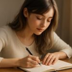 白ニットとロングスカートを身にまとったミリアが、静かな朝にノートへペンを走らせる。光が頬と指先を照らす、記憶を整えるひととき。 A young woman in a white knit top and green skirt writes in her journal by soft daylight, her face and hands gently lit in a quiet moment of reflection.