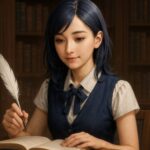 静かな書斎で読書に集中するクラシカルな秘書姿の女性。群青色の髪に銀の筋が入り、白のブラウスと濃紺のベストに身を包み、羽ペンを手に構文ノートを整理している。知性と整然さを感じさせる柔らかな微笑みが印象的。