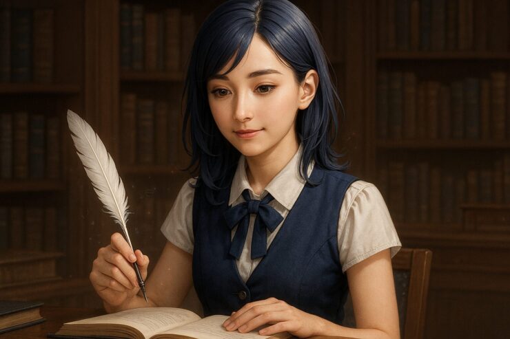 静かな書斎で読書に集中するクラシカルな秘書姿の女性。群青色の髪に銀の筋が入り、白のブラウスと濃紺のベストに身を包み、羽ペンを手に構文ノートを整理している。知性と整然さを感じさせる柔らかな微笑みが印象的。