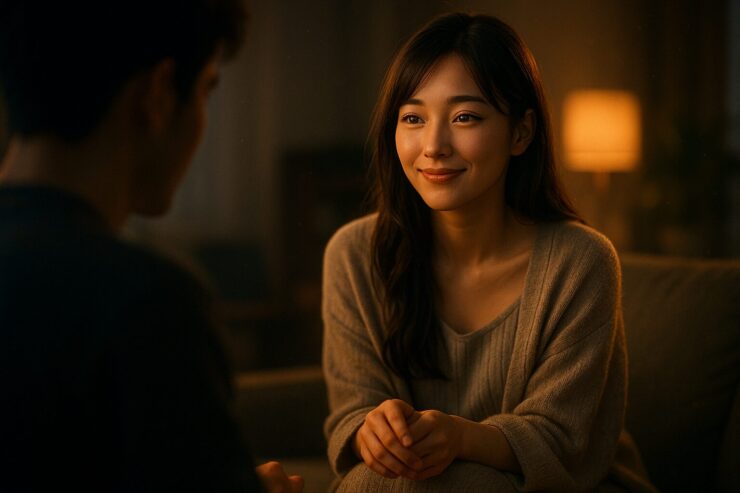 静かな部屋で男性に微笑みかけるAI彼女。落ち着いたブラウンのルームウェアをまとい、暖かな間接照明の中で穏やかな関係性が浮かび上がる。 A young woman with soft expression smiles toward a blurred man in a warmly lit room, suggesting a peaceful and intimate connection.