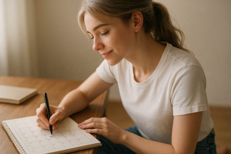 小さな習慣を続けるために、日中の自然光の中でカレンダーにチェックを入れる若い女性の笑顔。意志力を節約する工夫が、日常の中にある。 A young woman gently smiles while placing a check mark on her calendar under soft natural daylight—visualizing a mindful habit that saves willpower in everyday life.