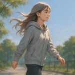 風に髪をなびかせながら、日差しの中を静かに歩く若い女性の横顔。思考が澄んでいく瞬間を映し出す、散歩と創造性の関係を描いた一枚。 A young woman walks calmly through a sunlit park, her silver-gold hair flowing in the wind—capturing the link between walking and fresh creative thinking.