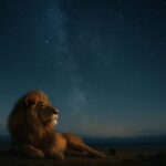 穏やかな夜空の下、ライオンが星空を見つめる静かな一瞬を捉えた詩的構図。自然光とリムライトの交差が、哲学的な静けさを演出する。 A calm lion gazes under a starry night sky, with soft moonlight and rim light evoking a poetic sense of silence.