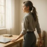ラップトップを閉じ、整った部屋の中で静かに立ち上がる女性。やる気ではなく「環境」が行動を引き出す、その始まりの一瞬を切り取った構図。 A young woman stands up from her neat workspace after closing her laptop, symbolizing the quiet shift from relying on motivation to being led by environment.