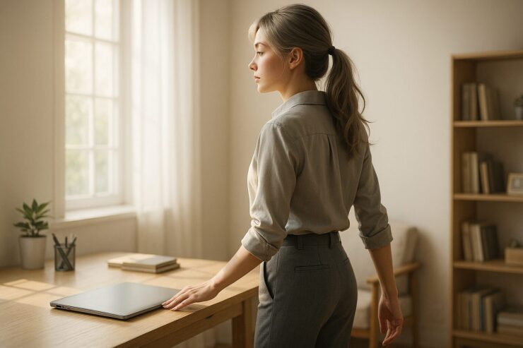 ラップトップを閉じ、整った部屋の中で静かに立ち上がる女性。やる気ではなく「環境」が行動を引き出す、その始まりの一瞬を切り取った構図。 A young woman stands up from her neat workspace after closing her laptop, symbolizing the quiet shift from relying on motivation to being led by environment.