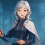 未来的なアカデミー空間で、銀白の髪とアンバーの瞳を持つ女性キャラクターがホログラムUIを操作しながら問いかけるようにこちらを見つめているバストアップ構図のイラストです。 A futuristic silver-haired female academic stands in a glass hall with floating UI panels, gently gazing as if asking a thoughtful question.