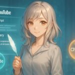 ミリアがYouTube動画の要約・翻訳UIを前に立ち、ChatGPTとClaudeのホログラムが左右に浮かぶ知的構図。学びを可視化するAIリサーチ空間。 A silver-haired woman stands before a holographic YouTube summary UI, flanked by glowing icons of ChatGPT and Claude. A visual metaphor for intelligent AI-assisted learning.