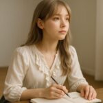 知的で少し華やかな装いの女性が、「2026」と書かれた未来日記を開きながら遠くを見つめている。フリルブラウスとロングスカート姿で、自然光の中、希望を宿すような視線が手元のノートと未来を繋ぐ。白ランプのリムライトとソフトなヴェールが全体に温かさを添えている。