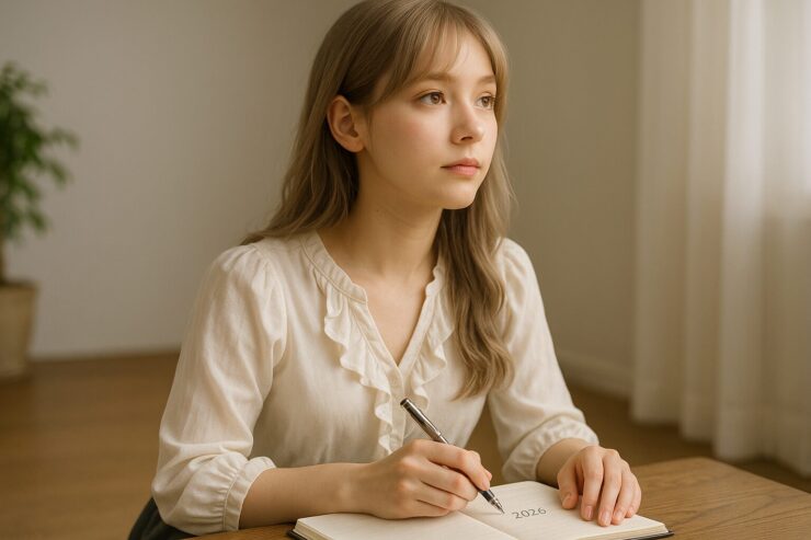 知的で少し華やかな装いの女性が、「2026」と書かれた未来日記を開きながら遠くを見つめている。フリルブラウスとロングスカート姿で、自然光の中、希望を宿すような視線が手元のノートと未来を繋ぐ。白ランプのリムライトとソフトなヴェールが全体に温かさを添えている。